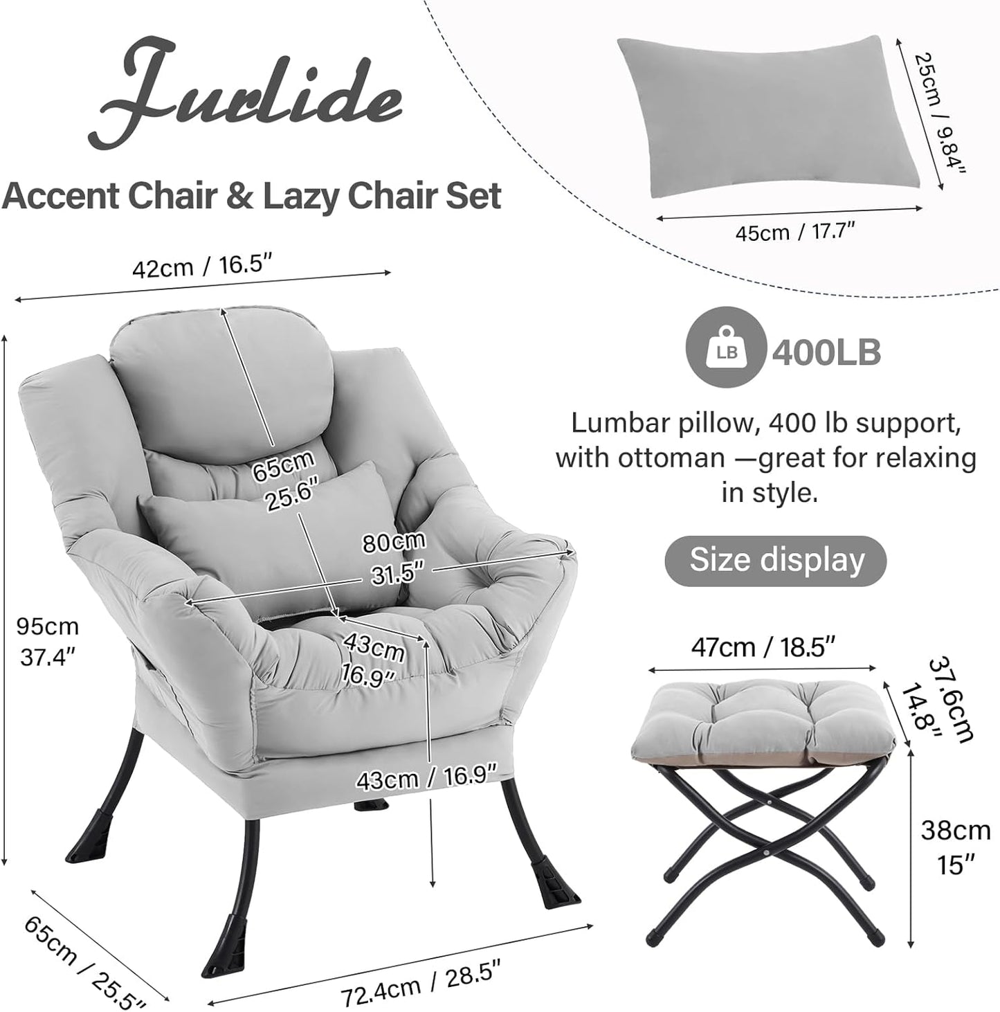 Lazy Chair with Ottoman, Modern Lounge Chair with Lumbar Pillow, Accent Cozy Reading Armchair and Folding Footstool for Bedroom, Dorm, Living Room,Light Grey