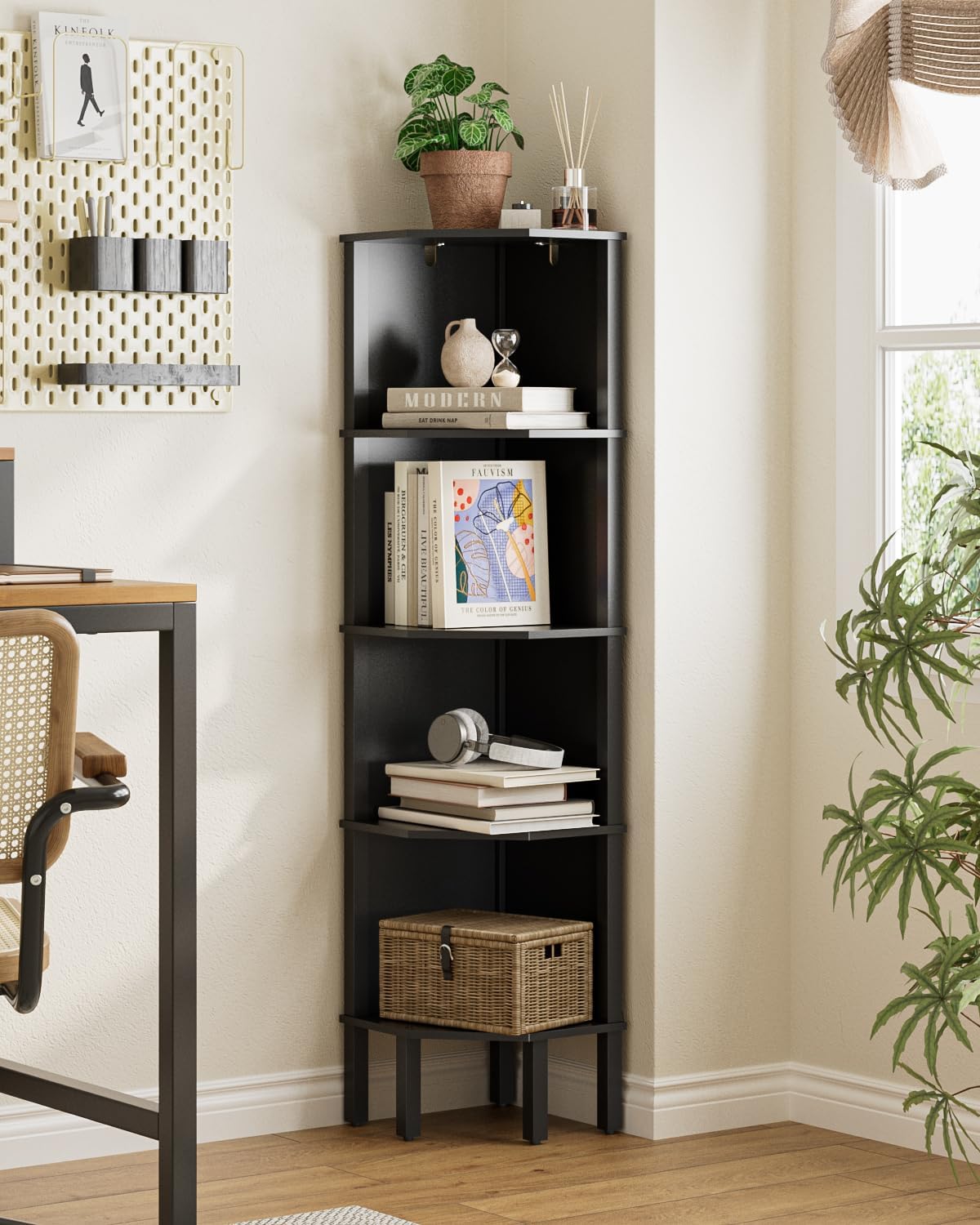 Corner Shelf, 5 Tier Corner Bookshelf，Wall Corner Bookshelf for Small Space,Display Corner Shelf Stand with Storage Rack for Living Room,Bedroom,Office,Black