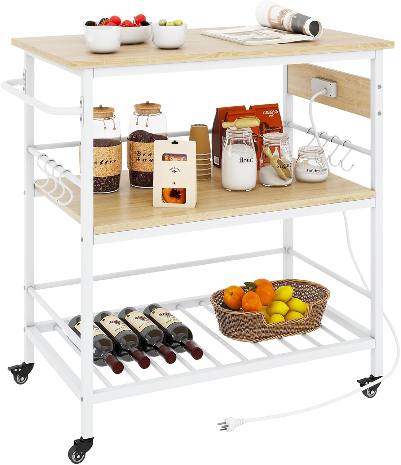 IBUYKE Kitchen Island with 3 Shelves, Island Table for Kitchen with Power Outlet,Kitchen Cart with Large Worktop,Rolling Bar Cart for Home, Outdoor, Kitchen TMJ024R