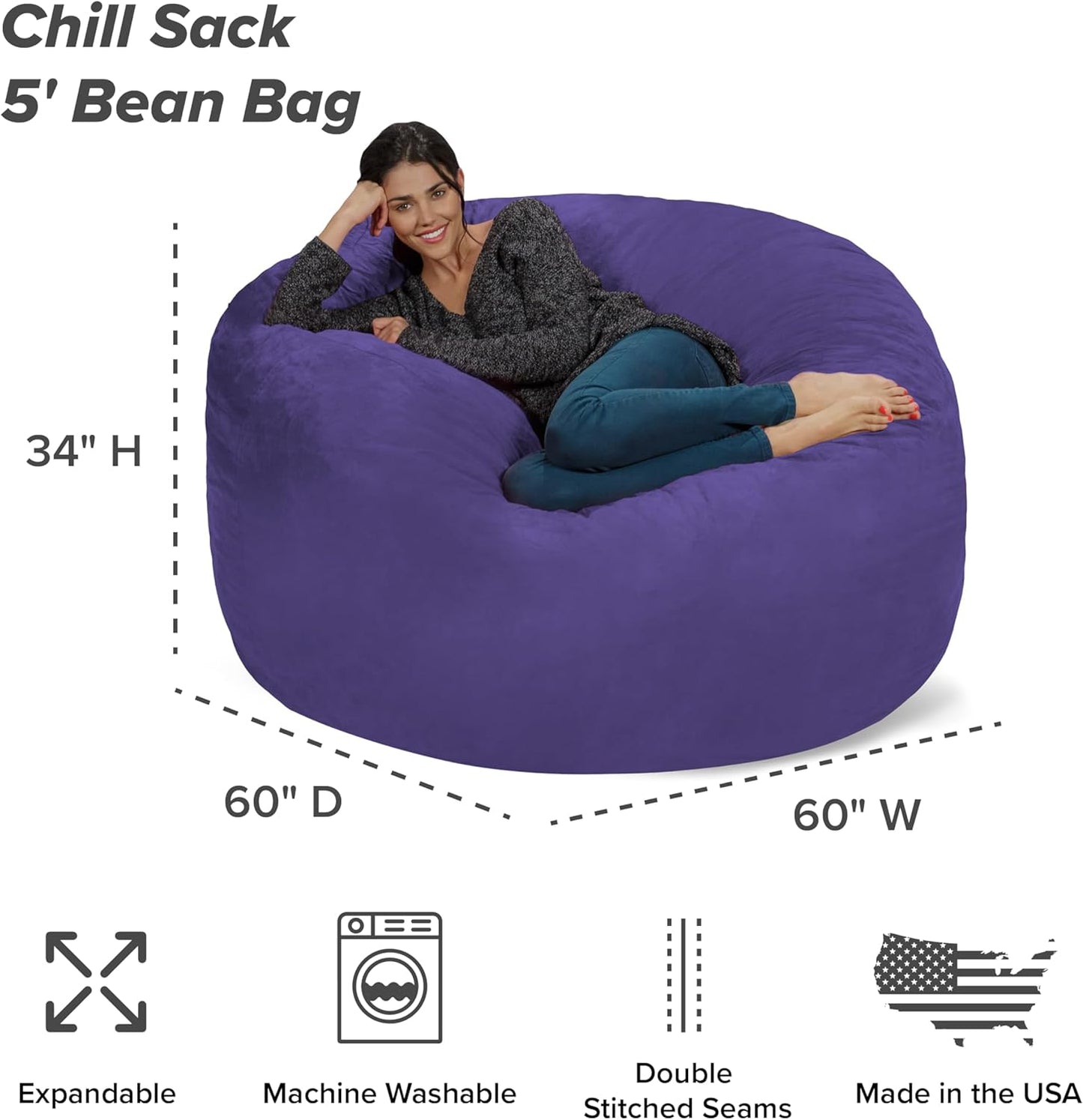 Chill Sack Bean Bag Chair - 5' Giant Memory Foam Lounge Chair with Soft Microfiber Cover – Cozy Furniture for Living Room, Dorm, & Kids' Rooms – Comfortable 5 Ft, Microsuede Lounge Sofa, Purple