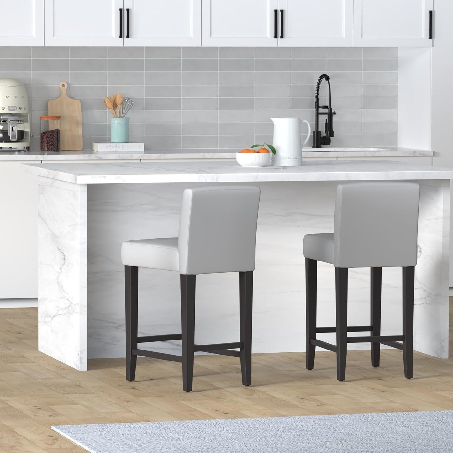 CHITA Counter Height Bar Stools Set of 2, 25" H Seat Height Upholstered Barstools, PU Leather in White