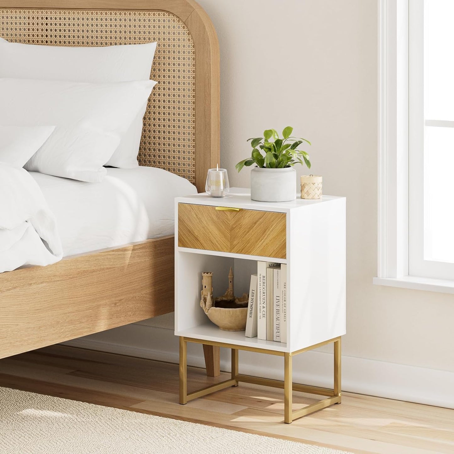 Masupu Extra Large Nightstand,Boho Night Stand Modern Farmhouse Wood Bedside Table with Storage Drawer,Side End Table for Bedroom,Living Room,Office White