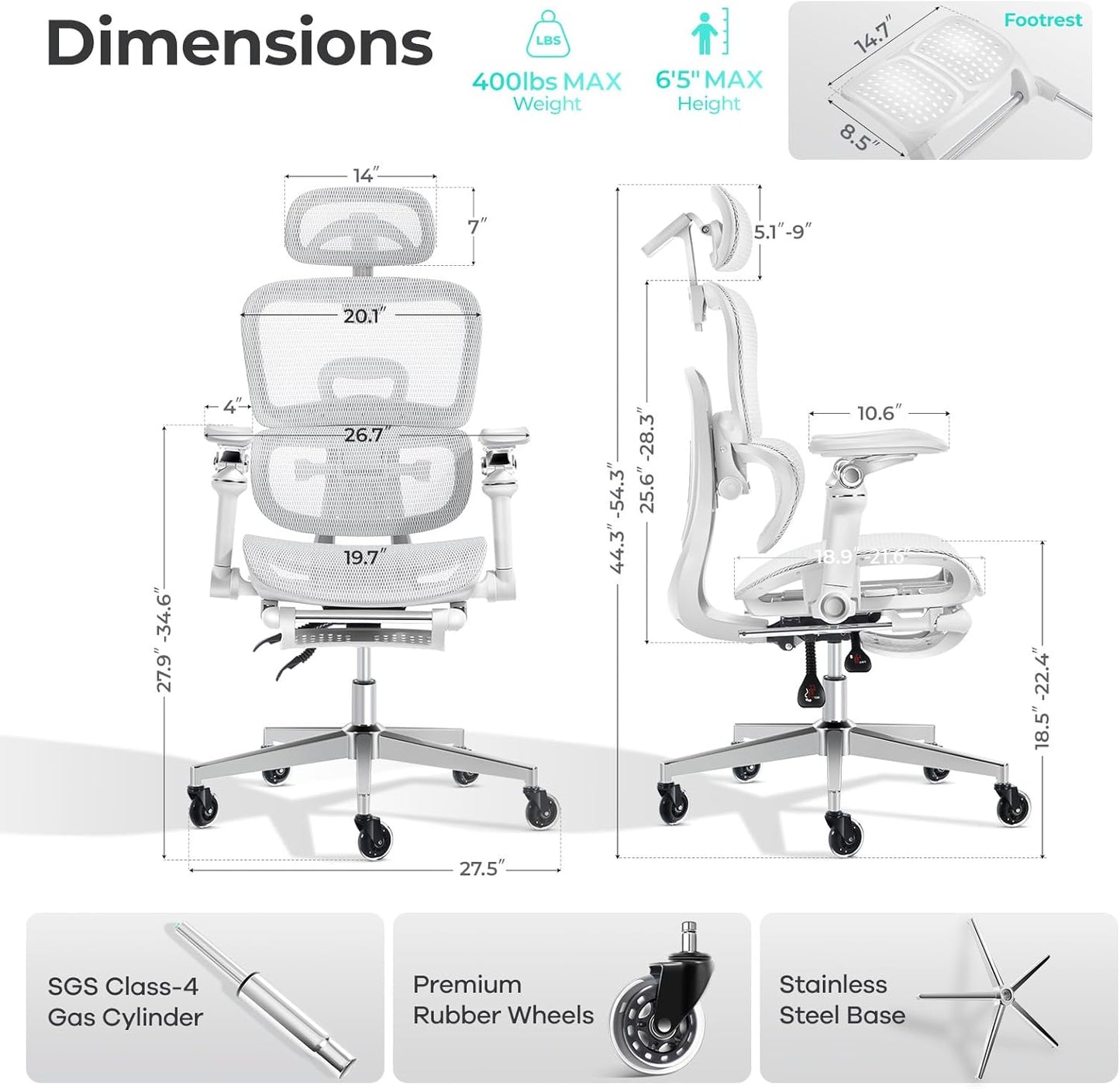 Ergonomic Office Chair with 9D Arms,Adjustable Seat Depth,3D Lumbar Support,135° Recline,3D Headrest & Footrest,Mesh Computer Desk Chair - Ultimate Comfort for Home & Executive Office White