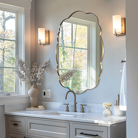 ANDY STAR Oval Bathroom Mirror, 24x36 Inch Scalloped Wall Mirror, Modern Brushed Gold Wavy Mirror, Anti-Rust Brass Metal Mirror for Bathroom Hang Vertical or Horizontal
