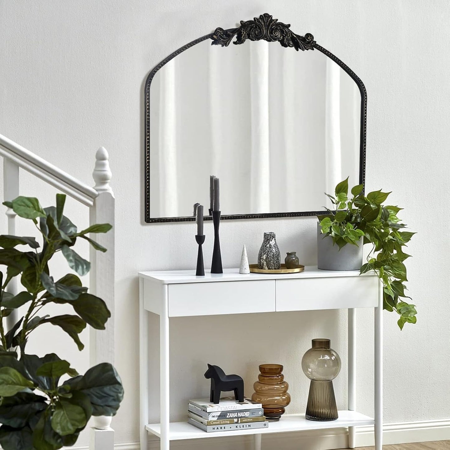 AIXI HOME Vintage Black Arched Mirror 40"X31", Antique Baroque Mantel Wall Mirror with Black Brush Gold Metal Ornate Frame for Entryway/Fireplace/Living Room/Hallway/Bathroom/Bedroom