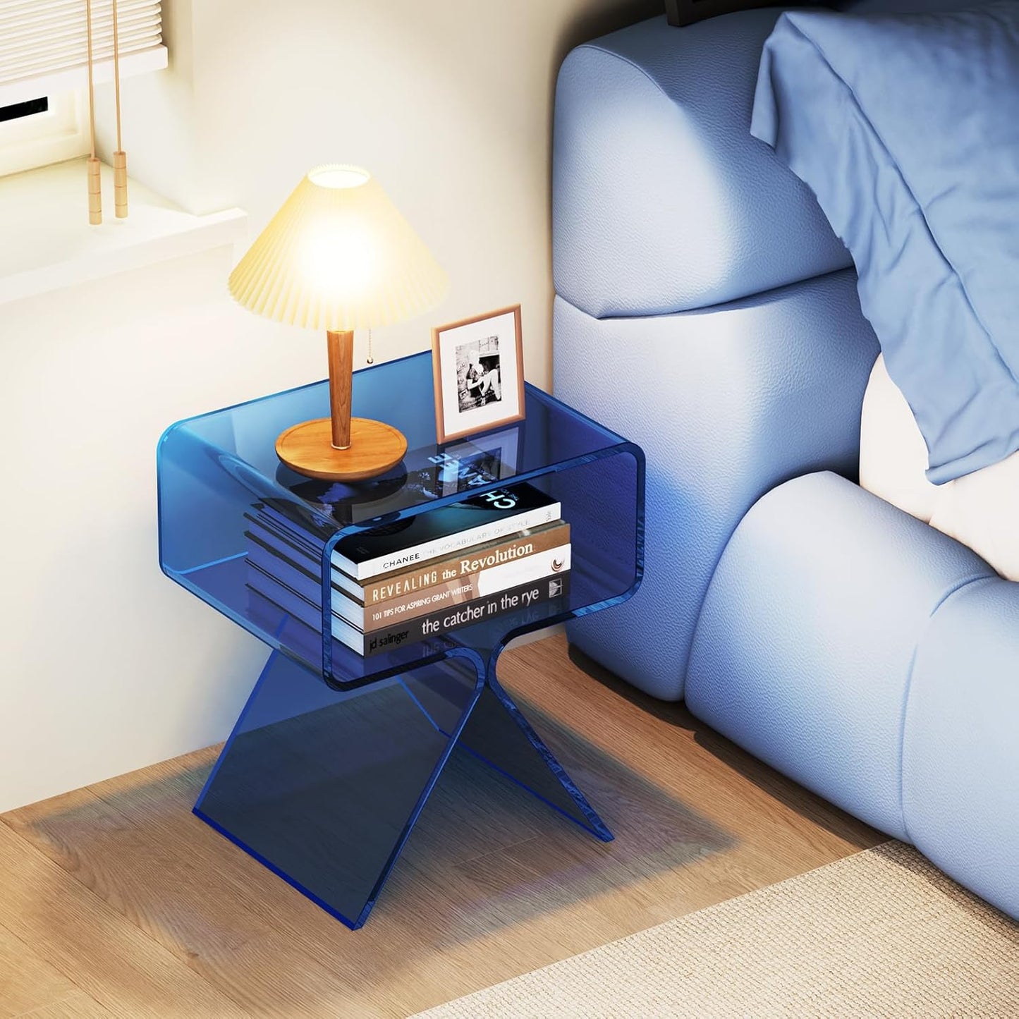 Acrylic Nightstand Side Table Modern Design Clear Home Decor Display End Table for Living Room (Blue)