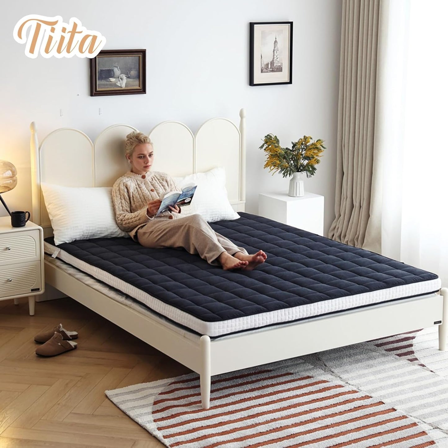 Tiita Japanese Floor Mattress, 4” Thicken Futon Mattress with Storage Bag and 2 Straps, Full Size Sleeping Tatami Mat for Adults，Black