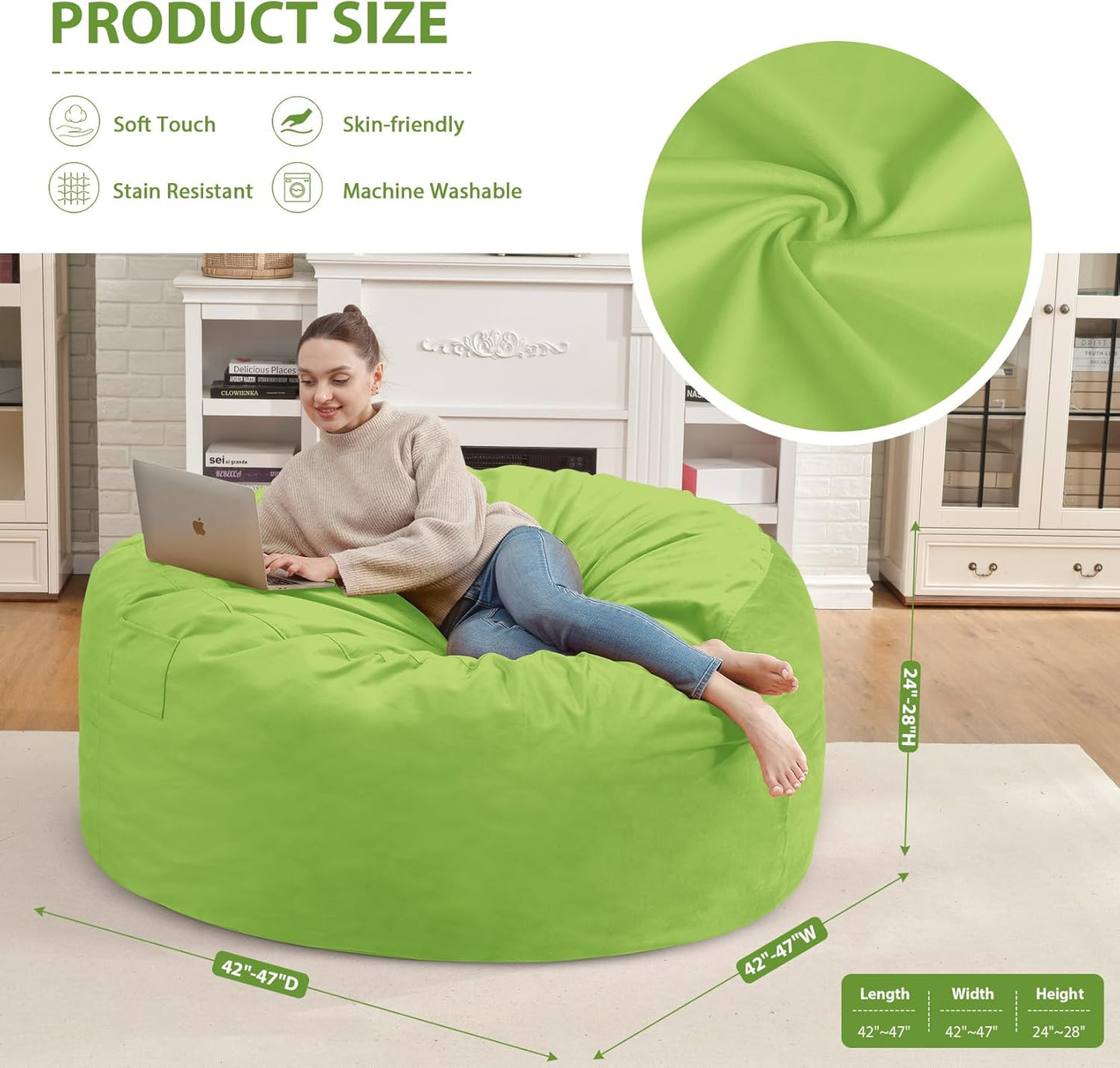 4FT Bean Bag Chair, Large Bean Bag Chairs with Memory Foam Filled, Fluffy Beanbag Sofa with Dutch Velvet Cover, Round BeanBag Chairs for Living Room, Playroom - Lime