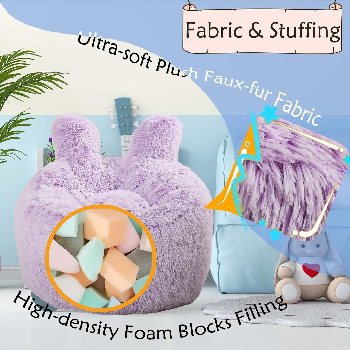 Bean Bag Chair for Kids with Plush Faux Fur Cover, 2.5FT Memory Foam Filled Bean Bag for Teens & Kids, Lazy Sofa for Living Room/Bedroom/Dorm, Rabbit-Ears Design