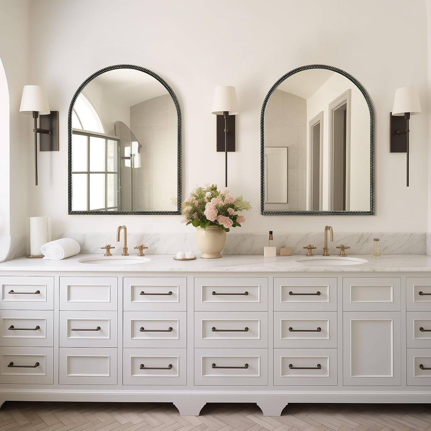 WallBeyond Black Vintage Mirror for Vanity 24x32 Inch, Gold Antique Mirror with Ornate Beaded Frame for Bathroom, Living Room, Fireplace, Entryway