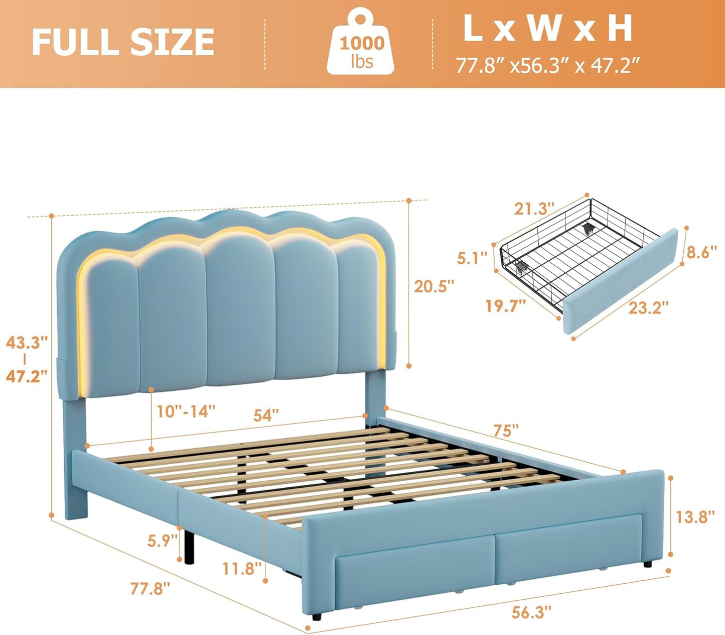 Full Upholstered LED Bed Frame with 2 Storage Drawers and Adjustable Chic Double Wavy Headboard, Velvet Princess Platform Bed with Charing Station, Solid Wood Slats Support,No Box Spring Needed,Blue