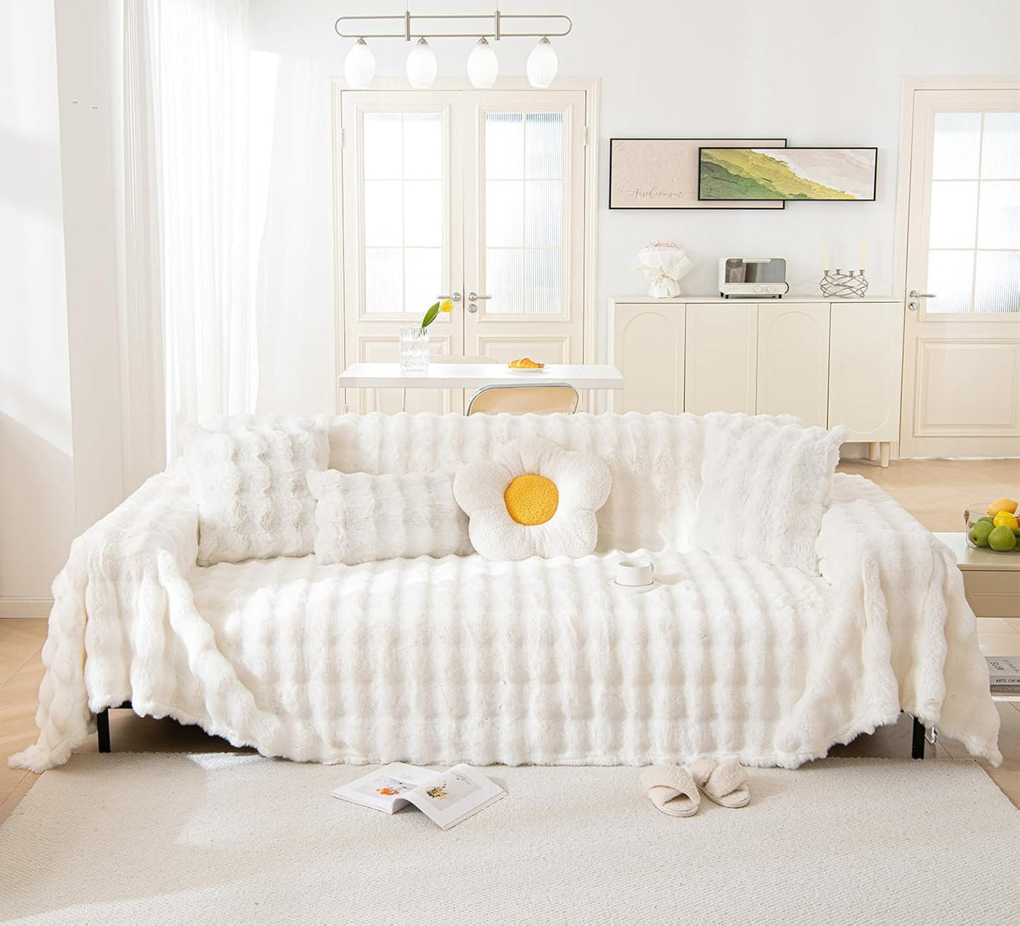 VM VOUGEMARKET Soft Warm Faux Fur Sofa Cover Thick Shaggy Fuzzy Sectional Couch Cover Plush Fluffy Blanket Cover for Couch Sofa Bed(White,71" x 134")