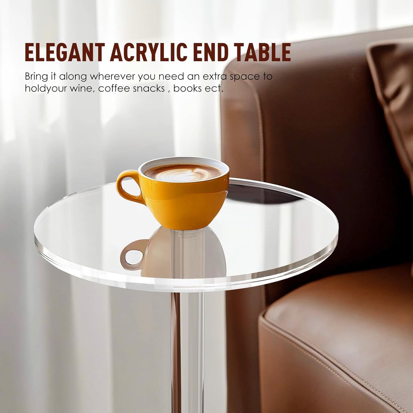 9.8" Round Clear Acrylic End Table - Modern Small Space Side Table for Living Room, Bedroom, Office, Outdoor | Sturdy, Easy to Install, Multi-Purpose