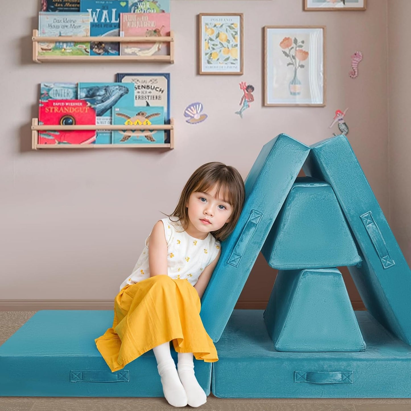 MeMoreCool Modular Kids Play Couch Sofa, 8-Piece Convertible Turquoise Toddler Sofa Play Set for Playroom and Baby