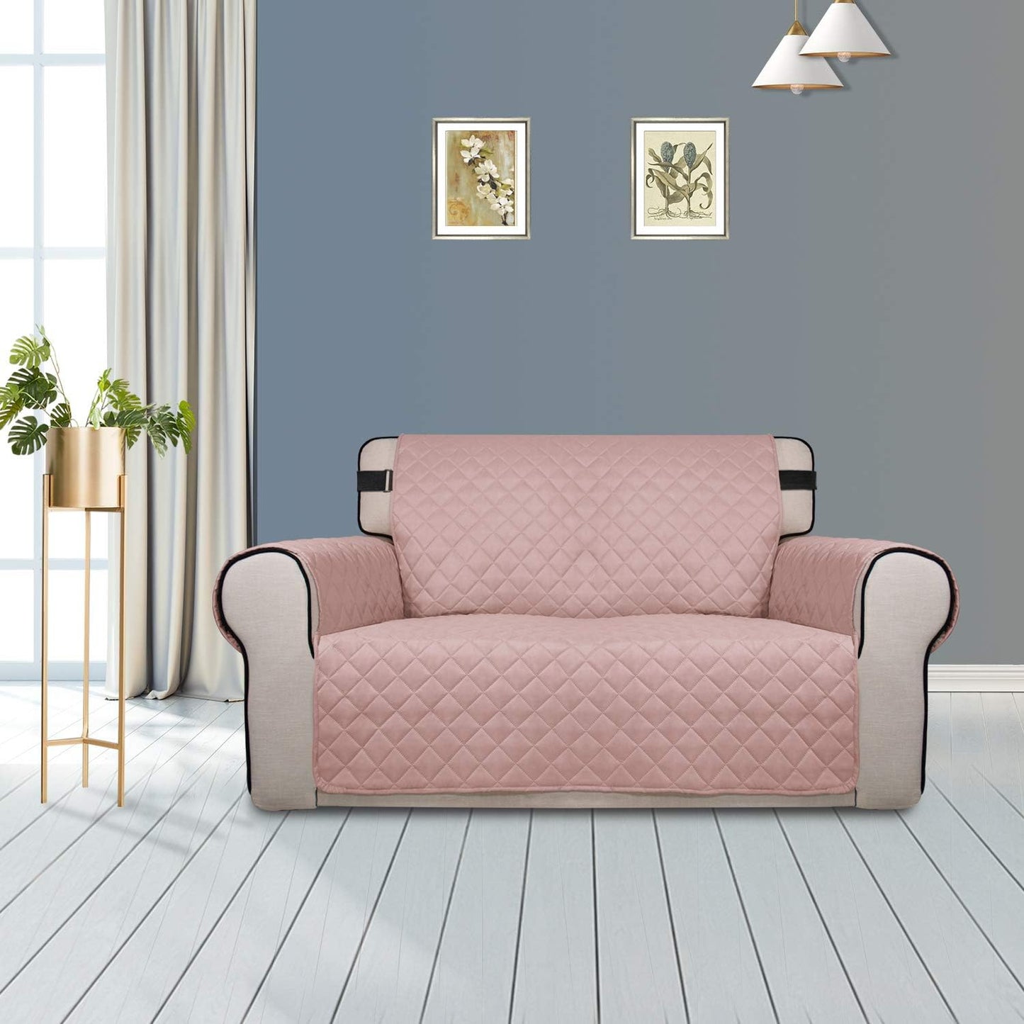 PureFit Reversible Sofa Cover Water Resistant Loveseat Couch Cover, Machine Washable Furniture Cover with Non-Slip Foam and Adjustable Strap for Dogs, Pets (Loveseat, Pink/Ivory)