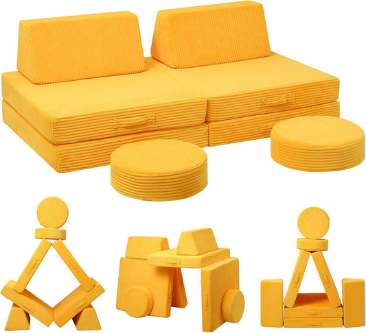 MeMoreCool Kids Couch for Playroom, Corduroy Convertible Toddler Couch, 8 Piece Modular Play Sofa, Foam Fort Building Set for Child Room Furniture, Yellow
