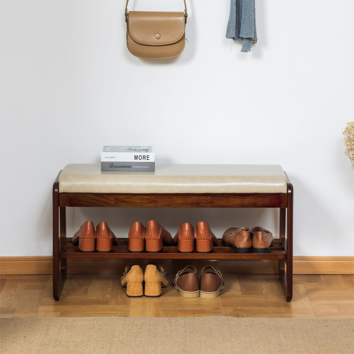 Solid Wood Shoe Bench, 2-Tier Entryway Bench with Cushion and Flip-Open Storage Box, Mid-Century Modern Shoe Bench Rack for Hallway, Mudroom(Gray, 31.5'')