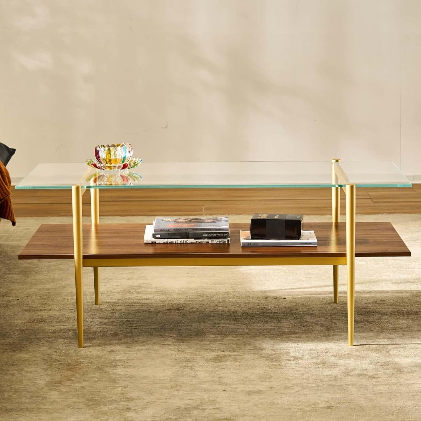 AGV LIGHTING Tadio Glass Coffee Table, Mid-Century Modern Coffee Table for Living Room, Gold Finish Leg, Clear Glass Top & Walnut Brown Wood Shelf, 41 in Length