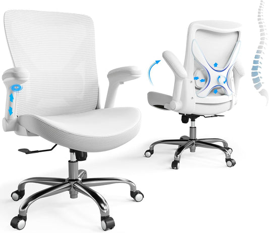 Home Office Ergonomic Chair-Computer PU Leather X-Shaped Desk Chair-Gaming Chair with Adjustable Flip-up Armrests Lumbar Support Mesh Executive Chair for Long Hours Office (White)