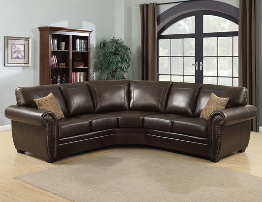 AC Pacific Louis Collection Traditional 3-Piece Upholstered Leather Living Room Sectional with Antique Nail Head Trim and 2 Accent Pillows, Brown