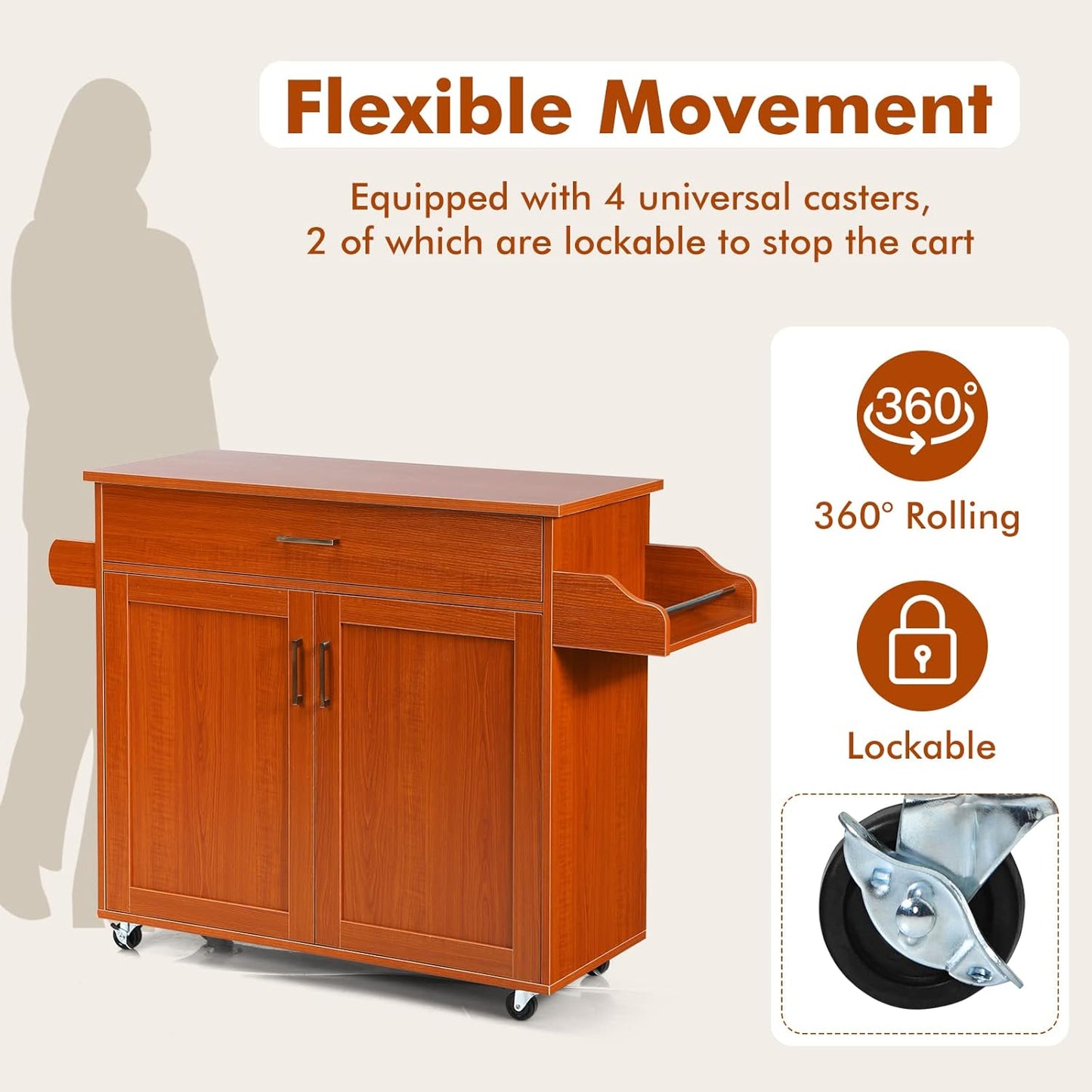 COSTWAY Kitchen Island Cart, Rolling Storage Trolley Cart with Lockable Rubber Wheels, Large Cabinet, Drawer, Spice Rack and Towel Rack, Kitchen Serving Utility, 3-Position Adjustable Shelf (Cherry)