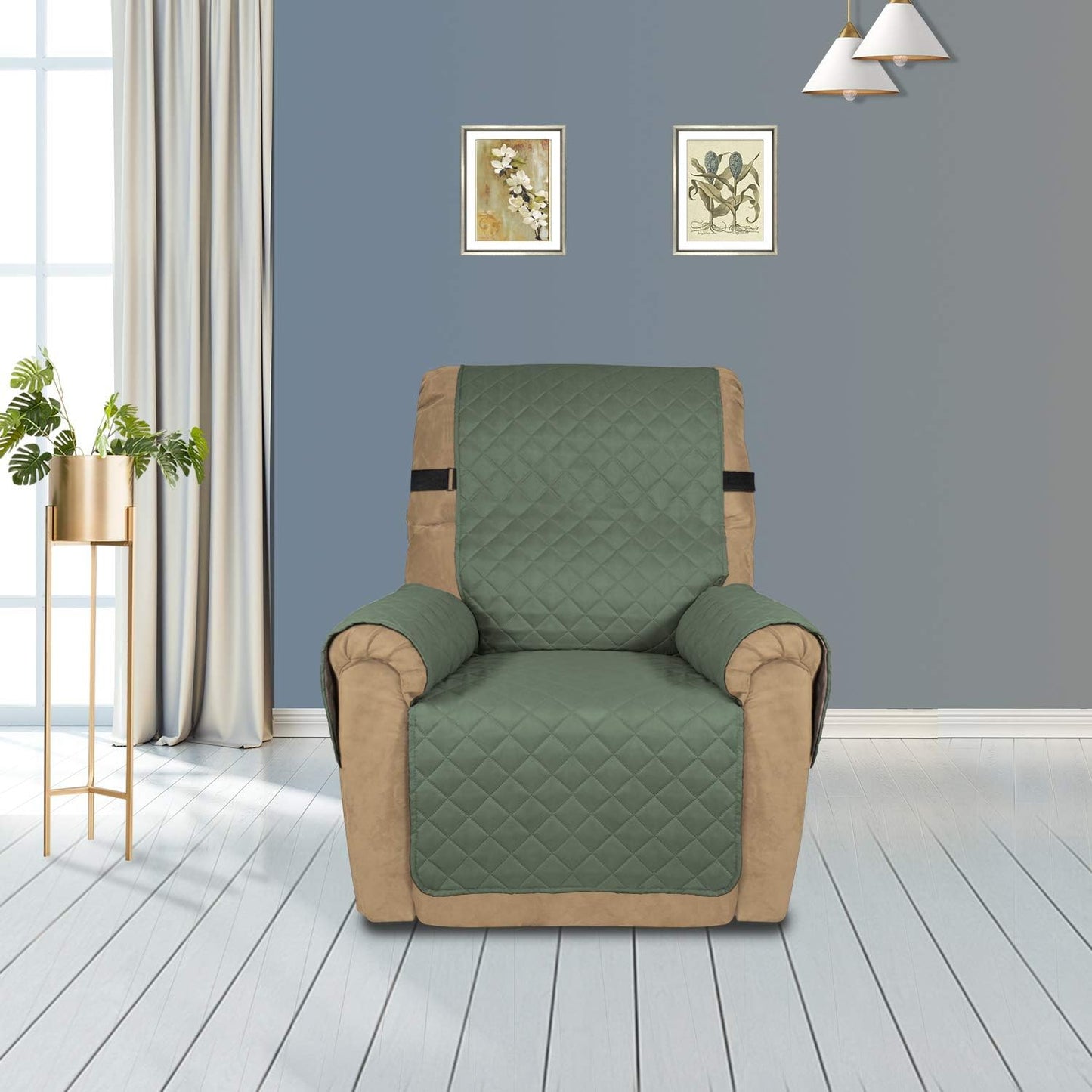 PureFit Reversible Sofa Cover Water Resistant Recliner Couch Cover, Machine Washable Furniture Cover with Adjustable Strap for Dogs, Pets (Recliner, Grayish Green/Ivory)