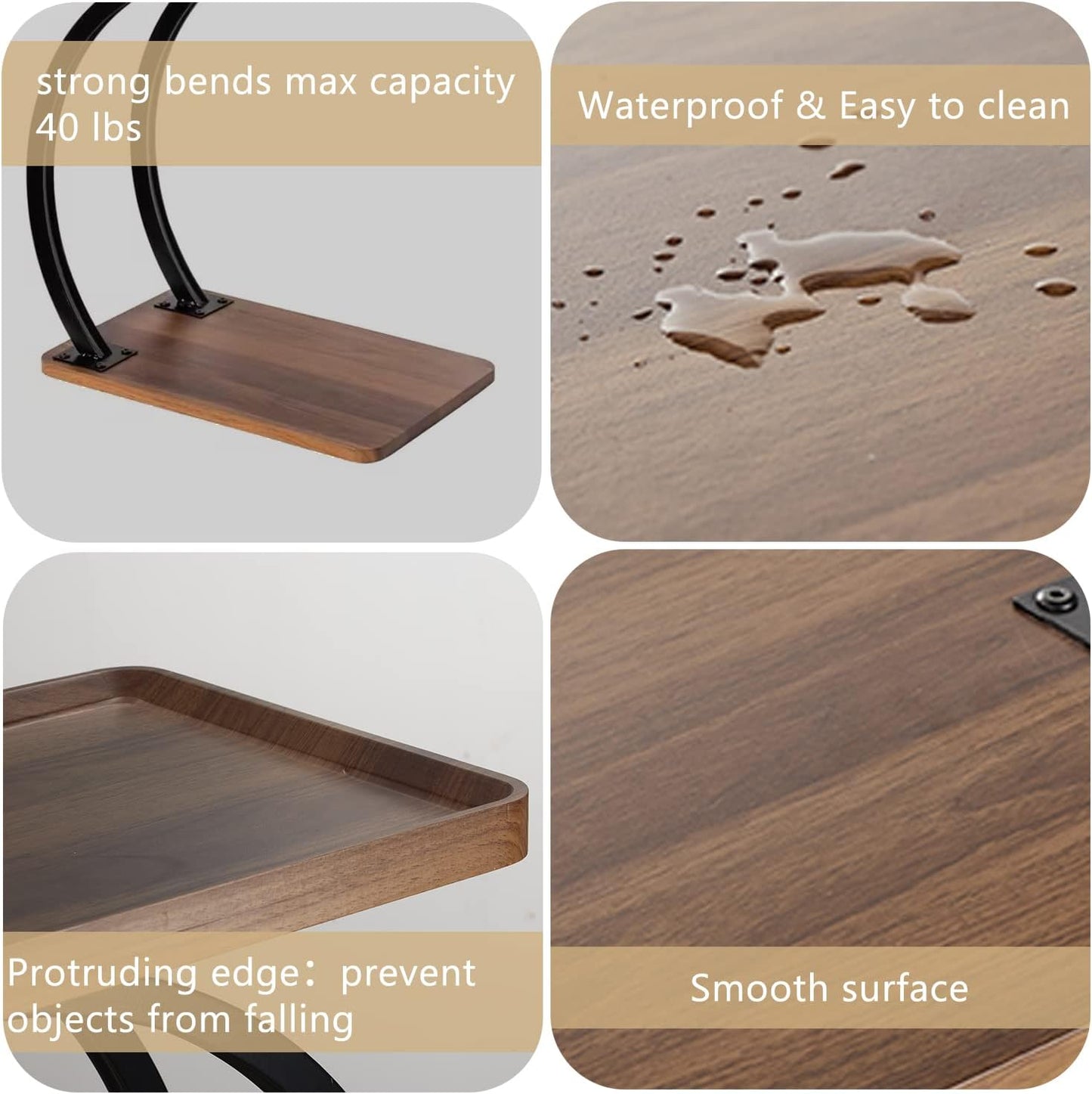 C Shaped 2tier Large Tray Wood top Heavy Duty Side end Table Large TV Tray for Couch Sofa Double Bent Tubes 2