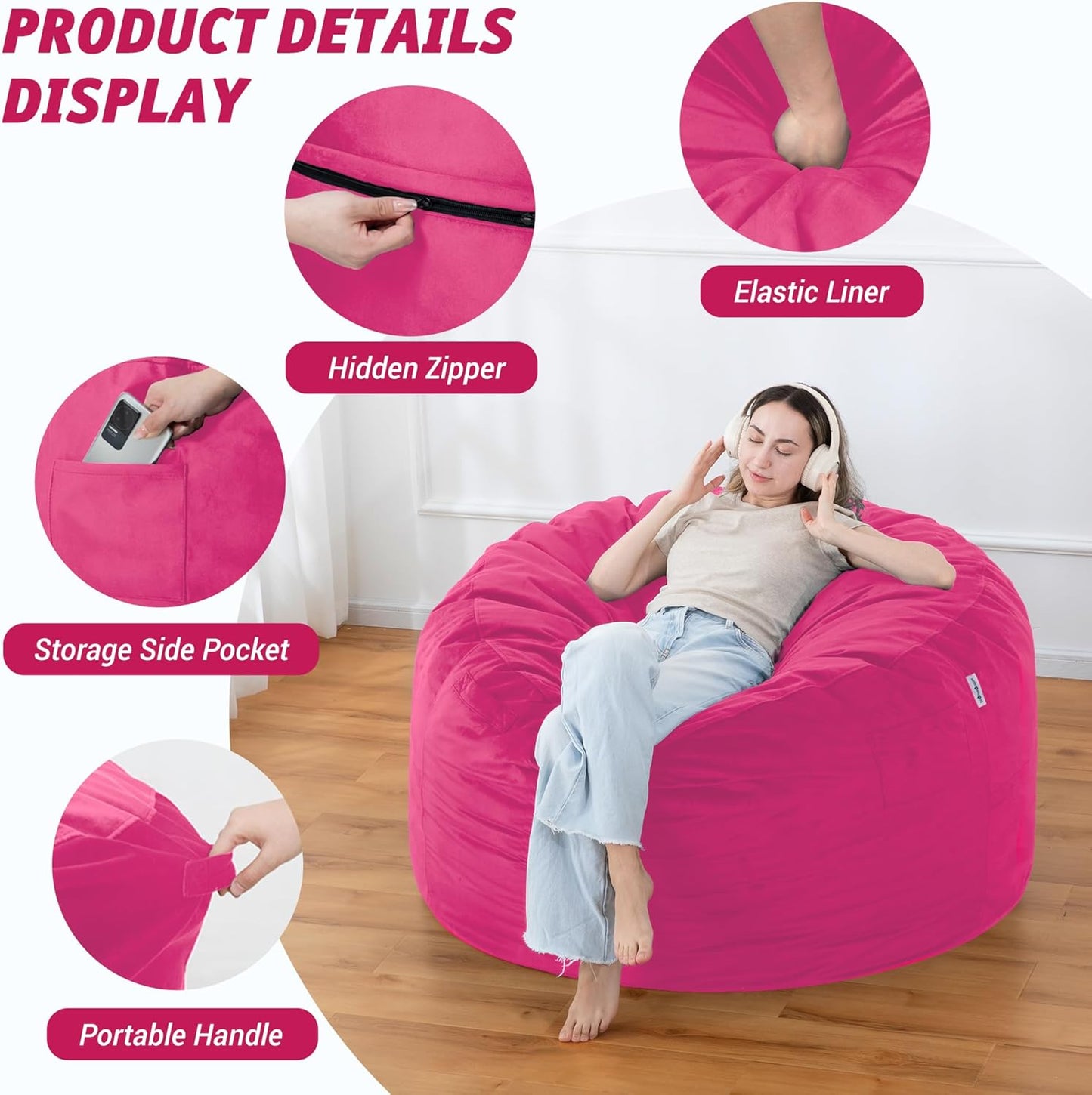 4FT Bean Bag Chair with Ultra Soft Velvet Cover Bean Bag Sofa with Memory Foam Bean Bag Chairs with Large Size Lazy Sofa for Dorm Office Living Room Bedroom Hot Pink 4'