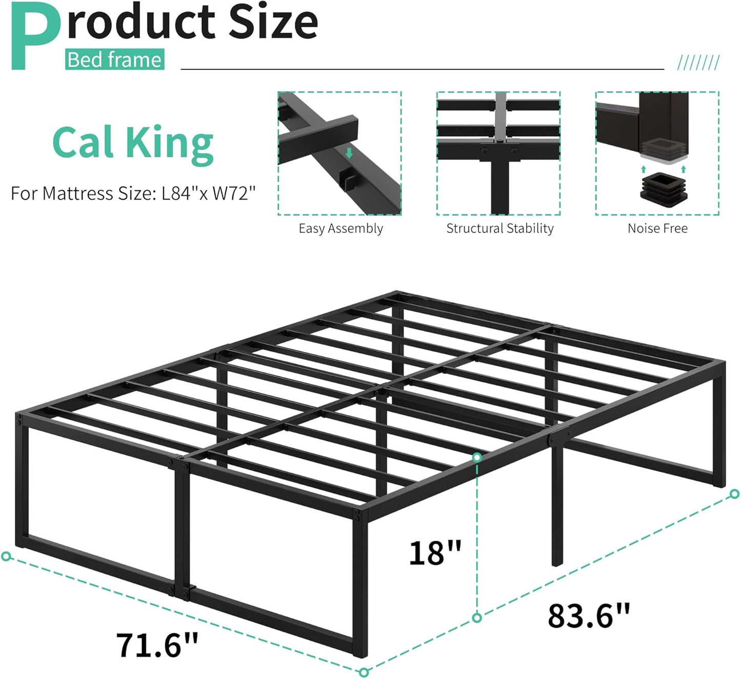 18 Inch California King Bed Frames Sturdy Mattress Foundation, Heavy Duty Metal Cal King Platform with Steel Slats Support No Box Spring Needed, Noise Free, Easy Assembly, Black