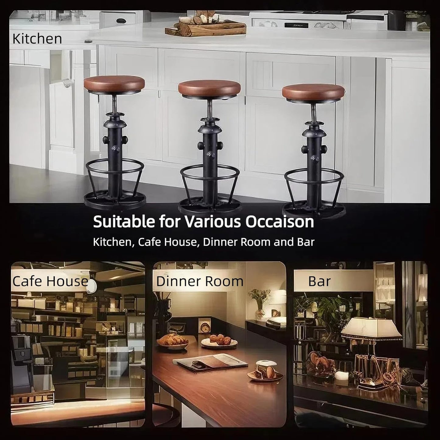 Farmhouse Bar Stools Swivel PU Seat 24-30inch Counter Height Adjustable Kitchen Island Dinning Stool Guest Chair Fire Hydrant Design