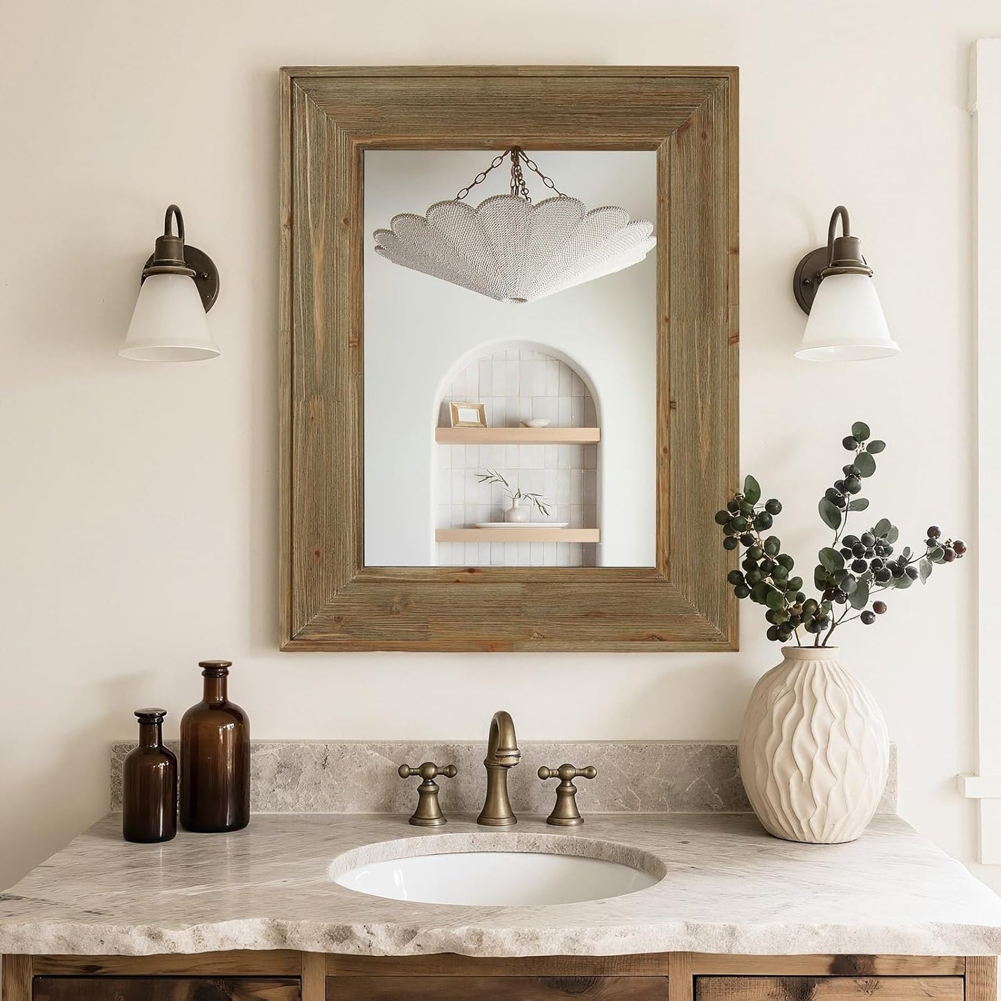 WallBeyond Rustic Wood Framed Mirror, 22" x 28" Farmhouse Decorative Wall Mirror, Vintage Solid Wood Rectangular for Bathroom, Entryway & Living Room, Natural