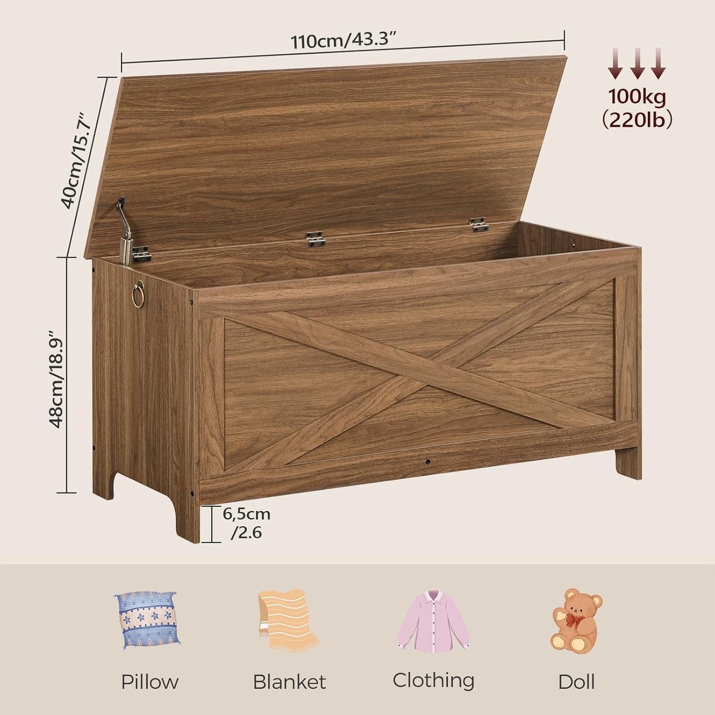 43.3" Toy Chest, Sturdy Entryway Storage Chest with Safety Hinges, Retro Toy Box, Wooden Look Accent Furniture for Living Room, Bedroom, Honey Brown SCOR48501