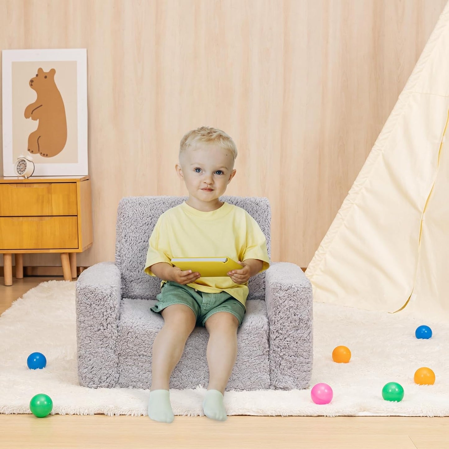 SLIGUY Toddler Couch & Chair - Convertible Sofa to Lounger, Pull Out Couch with Sherpa Cover in Dark Grey