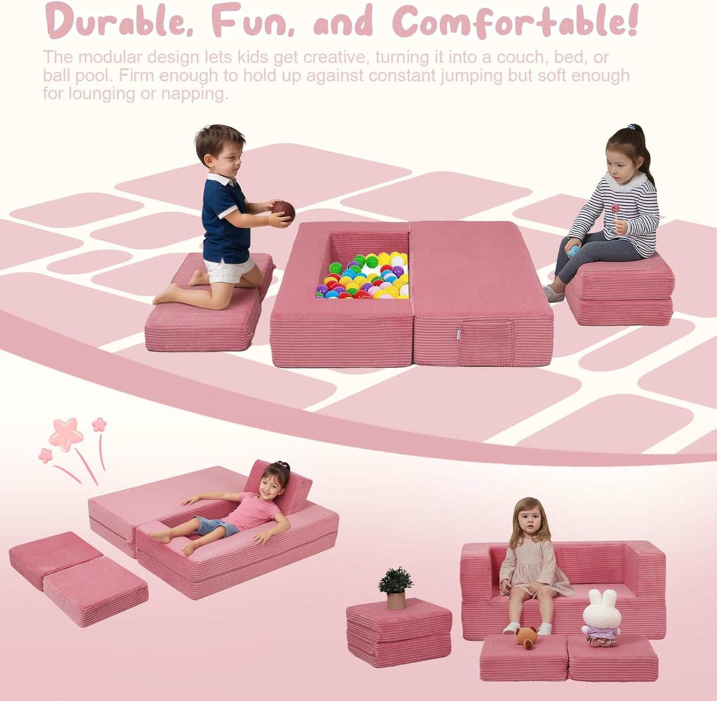 MeMoreCool Modular Kids Couch, Corduroy Play Toddler Couch for Bedroom Playroom Furniture, Convertible Foam Kids Sofa Bed, Fold Out Baby Sofa for Girl Boy, Pink