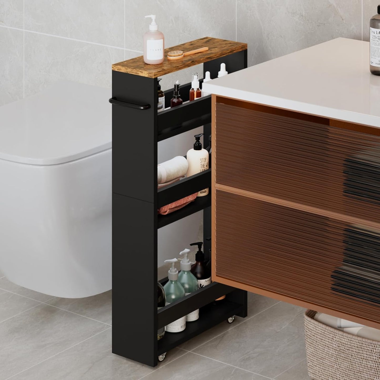 MARTY Rolling Storage Cart 4-Tier Black Kitchen Cart with Wheels, Slim Storage Cart with Handle Slide Out Utility Cart Shelving Unit Organizer Trolley for Laundry Narrow Places Bathroom Small Corner