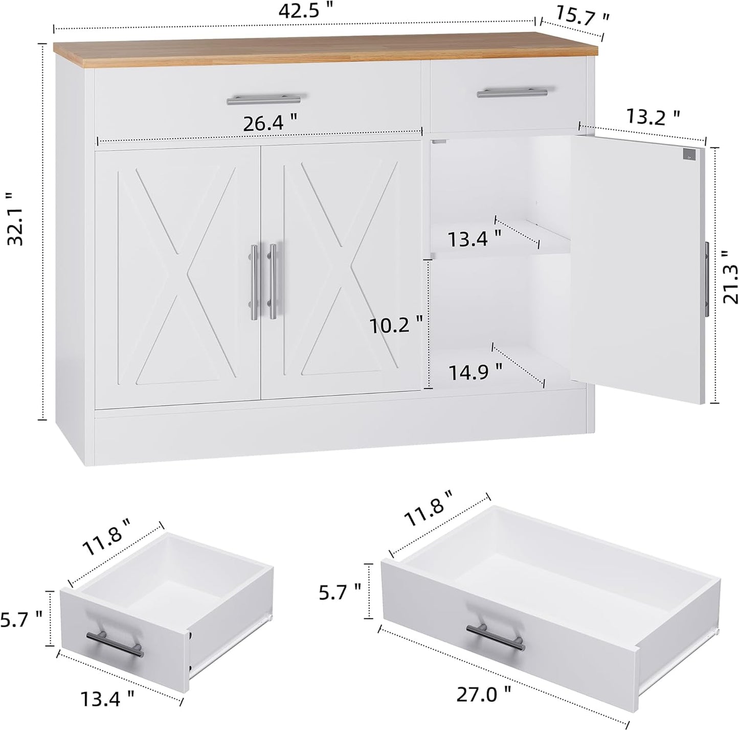 Shintenchi Modern Farmhouse Sideboard Buffet Cabinet with Storage with 3 Doors,42" Barn Doors Buffet Cabinet with Storage, Wood Coffee Bar Cabinet with Adjustable Shelf for Kitchen Living Room,White