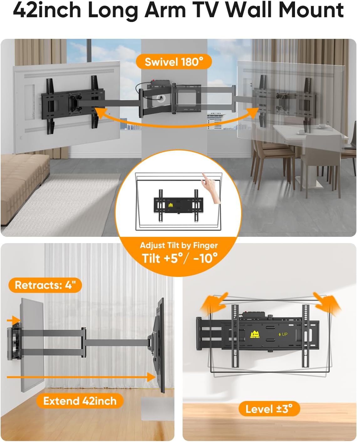 FORGING MOUNT 42 inch Long Arm TV Wall Mount with Power Strip, Full Motion Long Extension Articulating Corner TV Mount for 37 to 80 Inch Flat/Curve TVs, MAX VESA 600x400mm, Holds up to 110 lbs