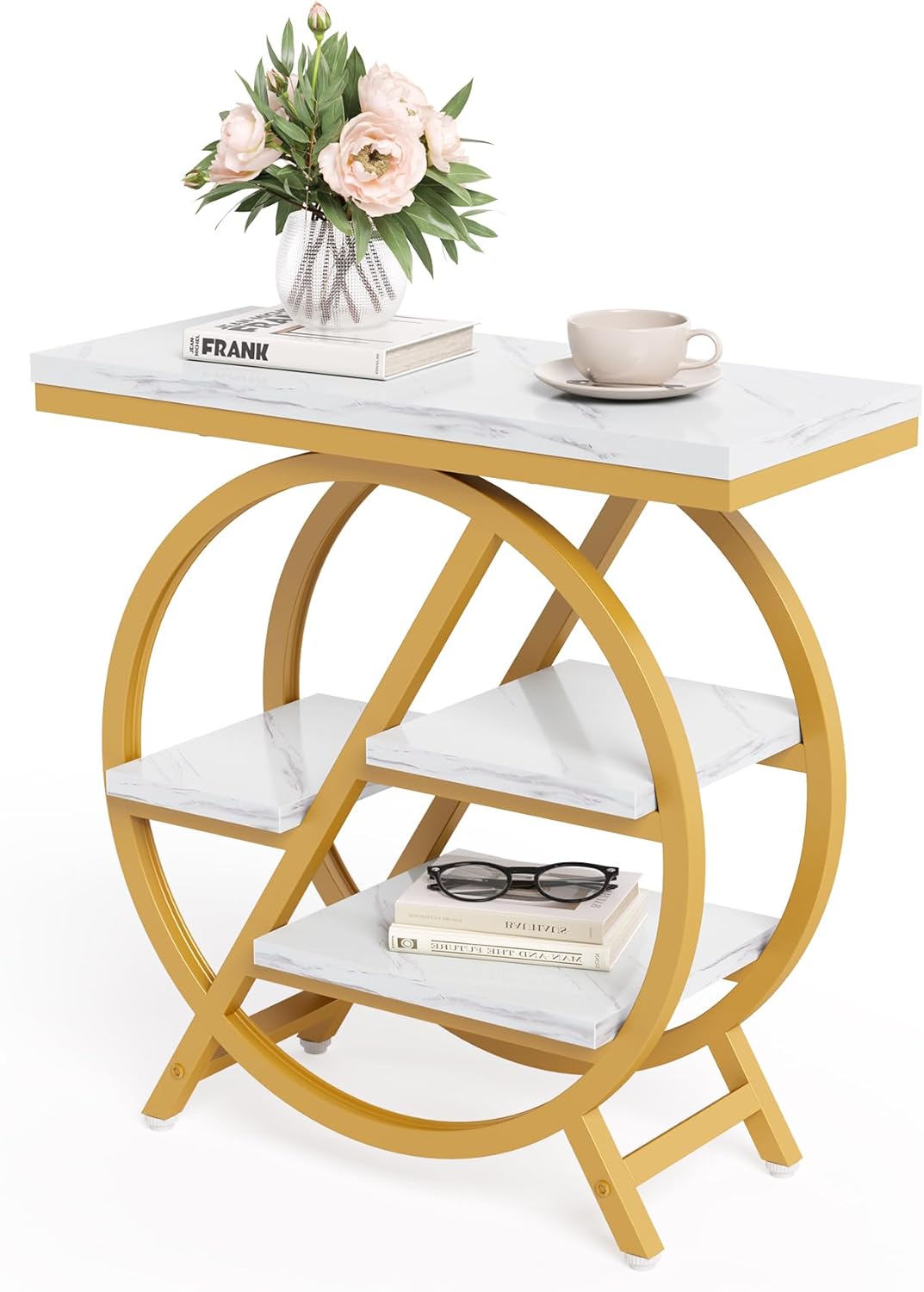 LITTLE TREE End Table, 4-Tier Narrow Faux Marble Side Table with Large Storage Space, Modern Nightstand and Bedside Table for Living Room, Home Office, Bedroom, White and Gold