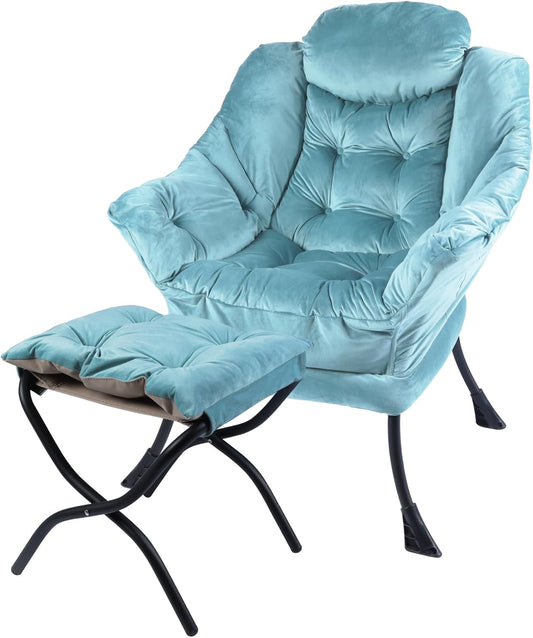 Lazy Chair with Folding Ottoman,Living Room Chairs, Accent Contemporary Lounge Chair, Single Steel Frame Leisure Sofa Chair with Armrests and A Side Pocket (DL58BLUE)
