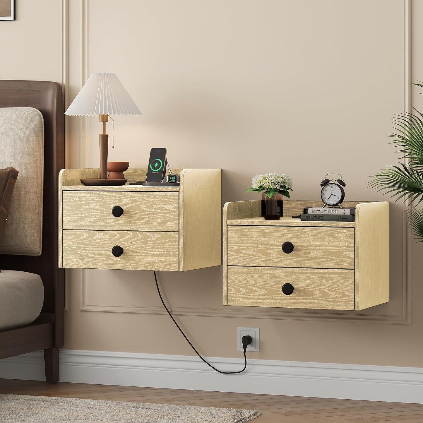 Vabches Floating Nightstand Set of 2 with 2 Storage Drawers and Charging Station Wood Wall Mounted Bedside End Table Modern Night Stands Set 2 for Bedroom,Small Space,Natural