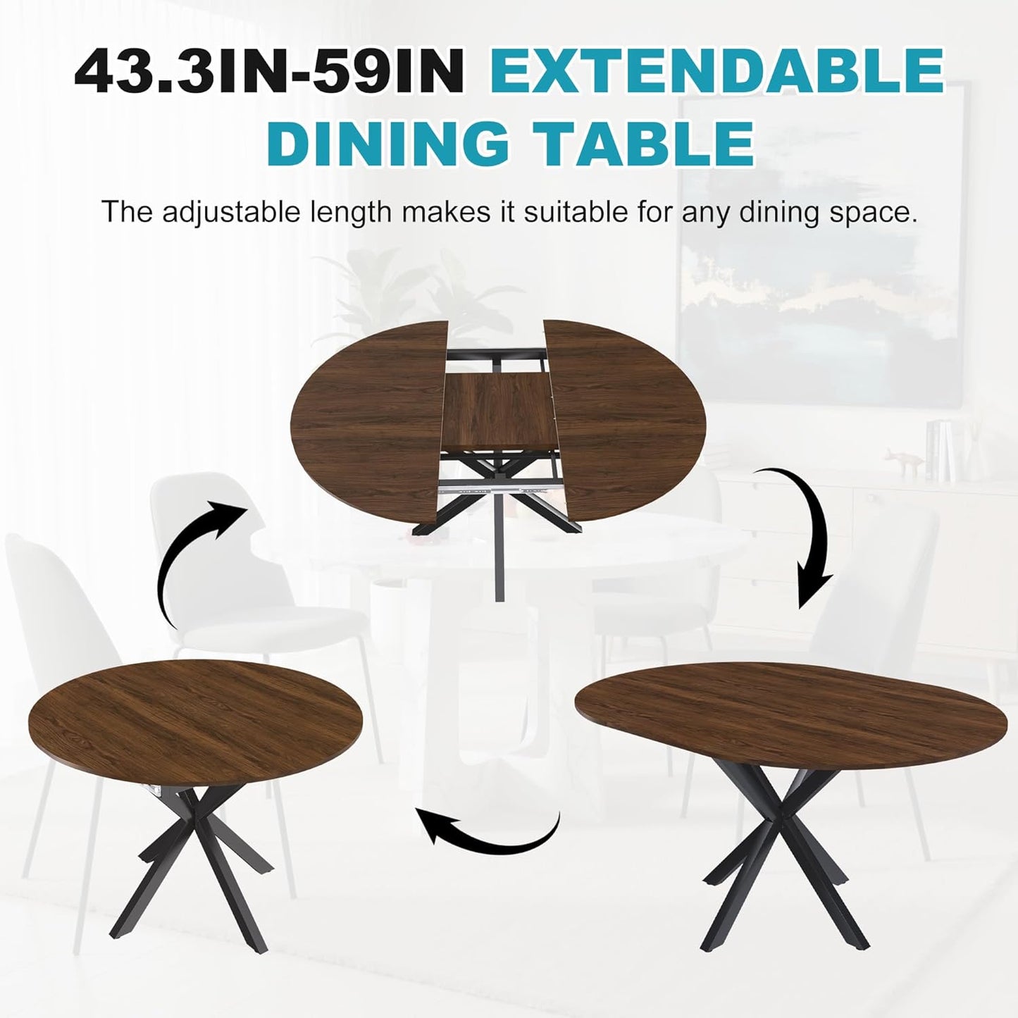 43"- 59" Extendable Dining Table for 4-6, Retractable Round Dinner Table Wood Oval Kitchen Tables Farmhouse Steel Base Dining Room Tables for Small Space, Kitchen, Living Room, Walnut