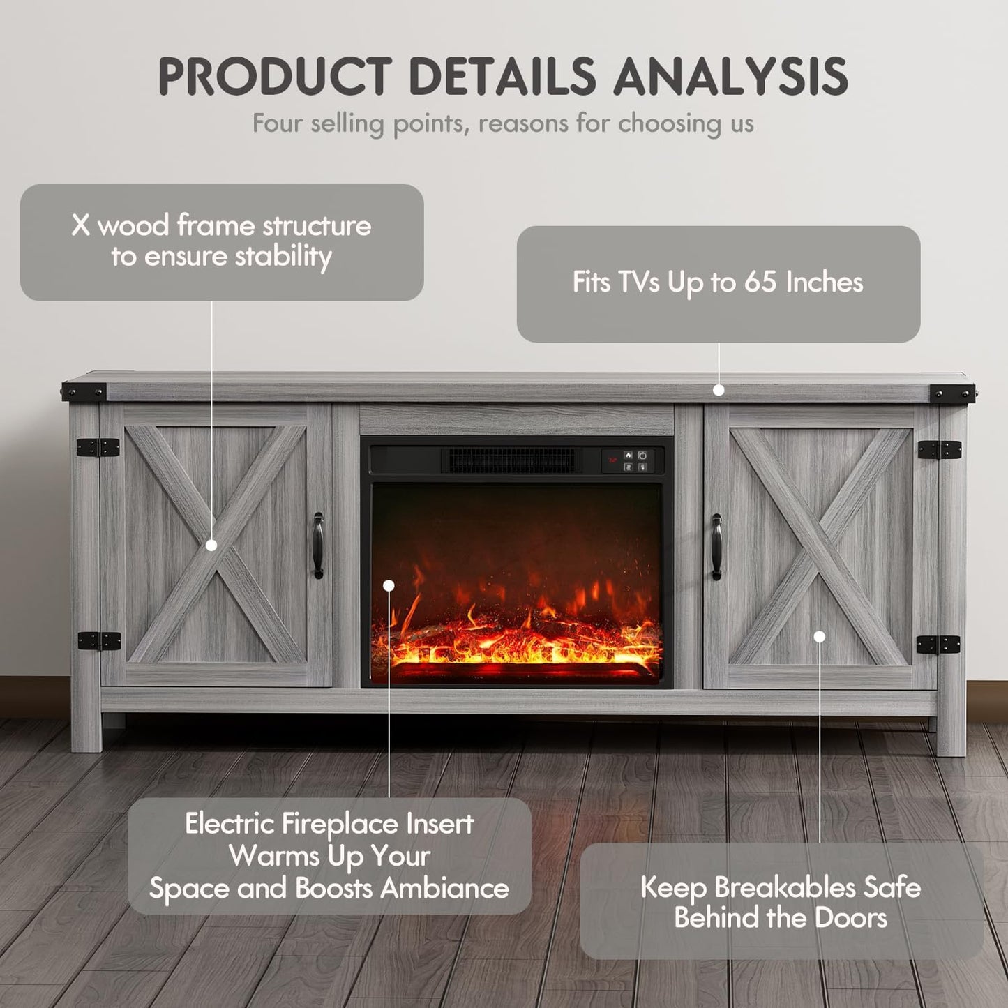 YESHOMY Fireplace TV Stand with Two Barn Doors and Storage Cabinets for Televisions up to 65+ Inch, Entertainment Center Console Table, Media Furniture for Living Room, 58 Inch, Gray Wash