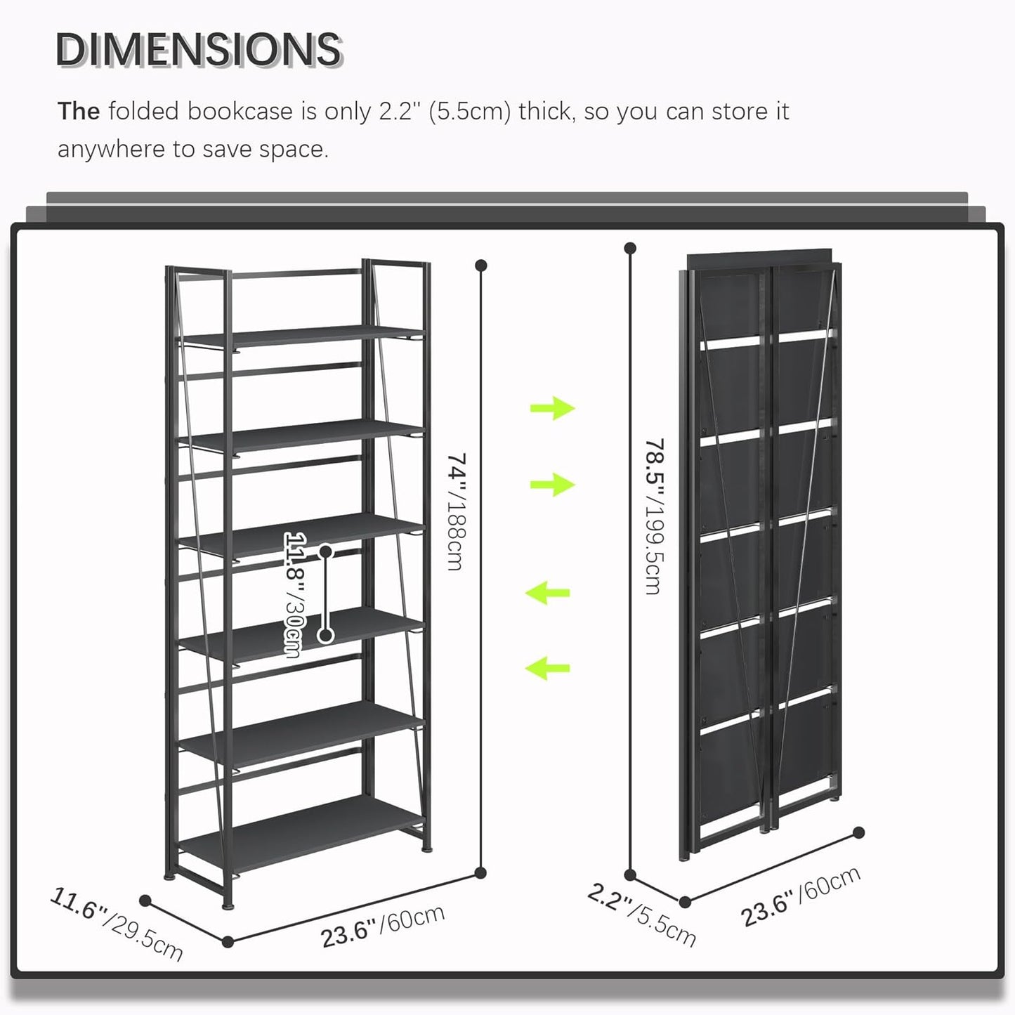 4NM No Assembly Folding Bookshelf, 6-Shelf 74" H Collapsible Foldable Bookcase Storage for Small Spaces, All Black