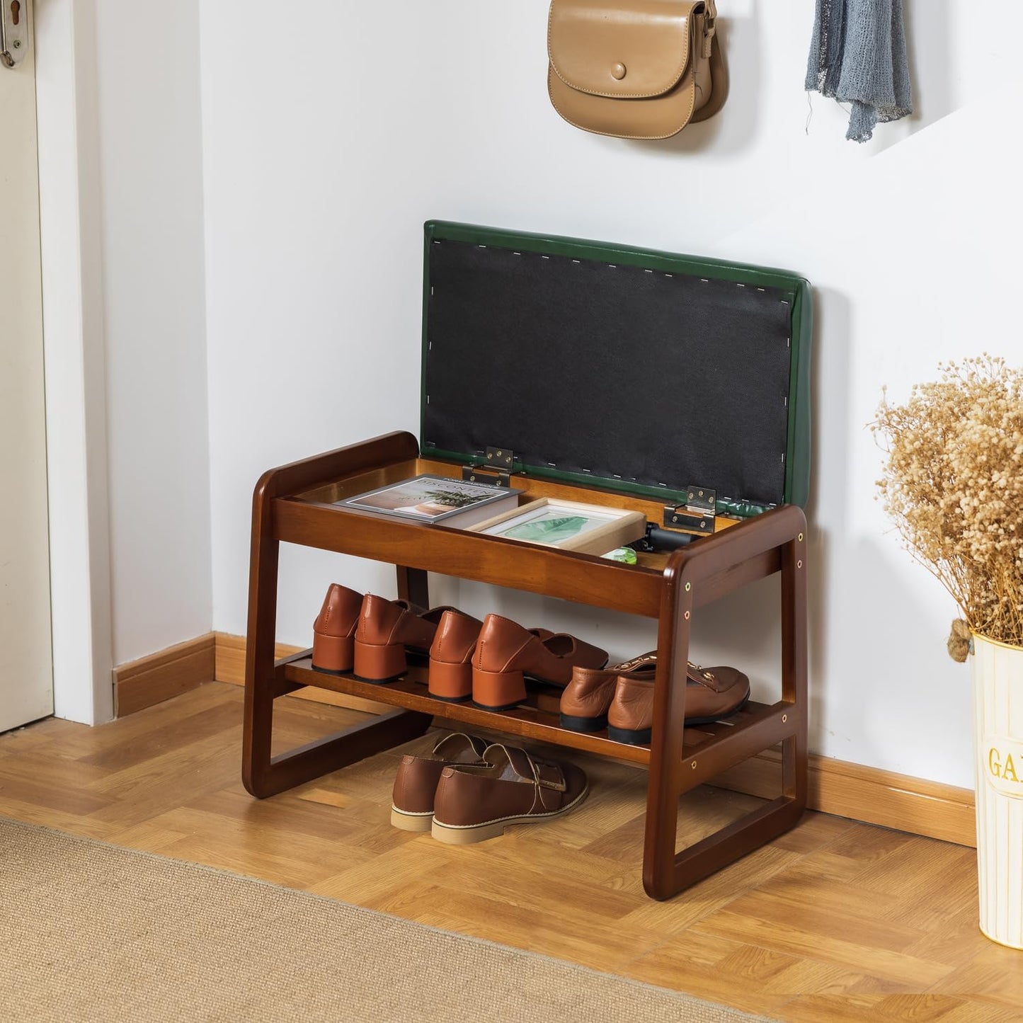 Solid Wood Shoe Bench, 2-Tier Entryway Bench with Cushion and Flip-Open Storage Box, Mid-Century Modern Shoe Bench Rack for Hallway, Mudroom(Green, 21.65'')