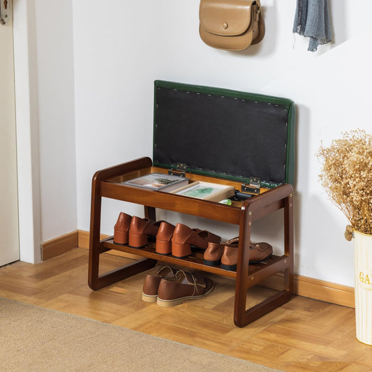 Solid Wood Shoe Bench, 2-Tier Entryway Bench with Cushion and Flip-Open Storage Box, Mid-Century Modern Shoe Bench Rack for Hallway, Mudroom(Green, 21.65'')