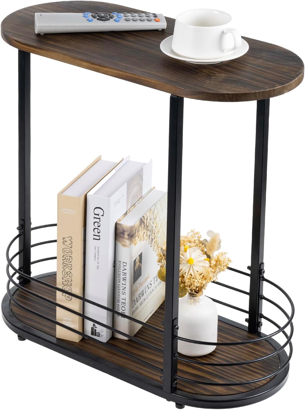 MyGift 21 Inch Tall Brown Wood Oval Side Table, 2 Tier Living Room Sofa End or Side Table with Bottom Storage