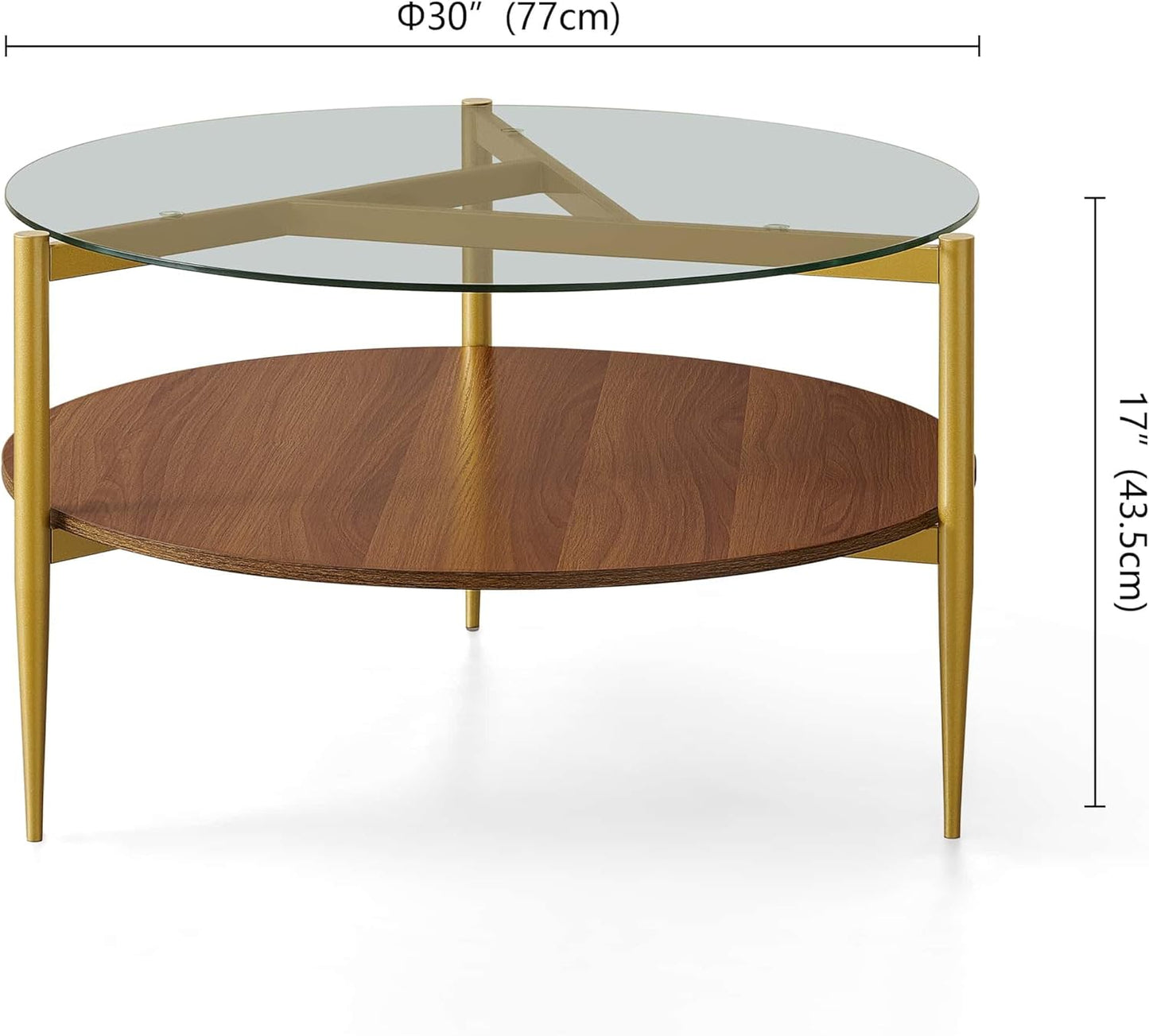 Round Coffee Table, Mid-Century Modern Design, D30*H17 inch, for Living Room, 2-Tier Structure, Clear Glass Top and Walnut MDF Shelf, Sleek Conical Metal Legs with Gold Finish