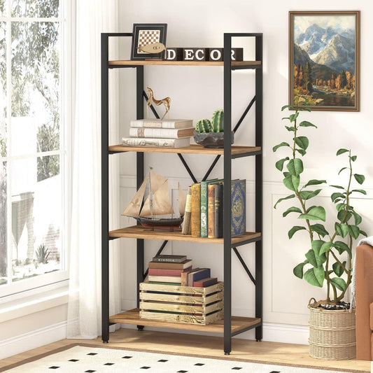 BON AUGURE Industrial 4 Tier Bookshelf, Modern Open Shelving Unit Book Shelves, Heavy Duty Etagere Bookcase, Wood Metal 4 Shelf Book Case for Office, Living Room and Bedroom (Vintage Oak)