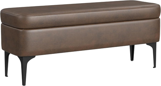 HomePop Upholstered Storage Bench with Metal Leg Home Décor|Bench with Storage for Living Room & Entryway - Brown Faux Leather