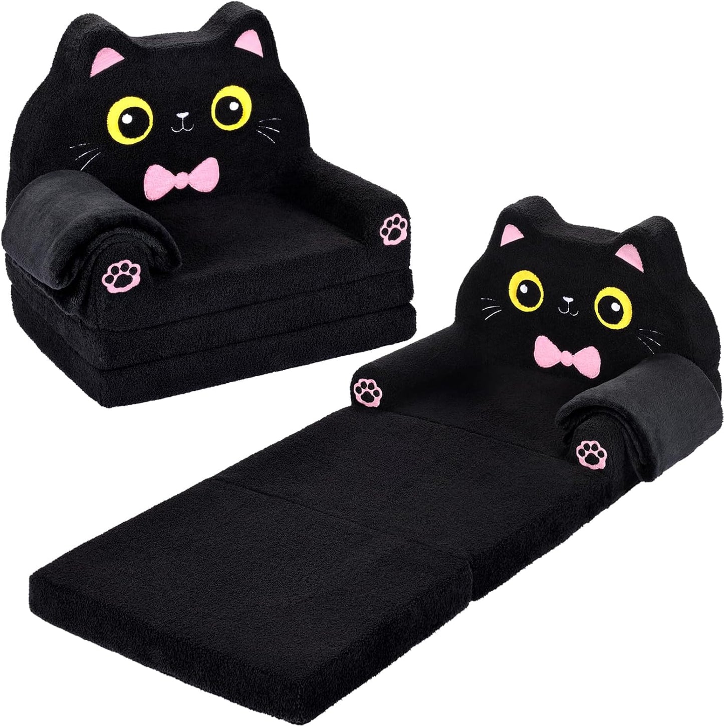 Kids Couch, 2-in-1 Soft Toddler Couch Fold Out with Blanket, Chair Comfy, Foldable Convertible Plush Sofa to Lounger, Gifts for Kids Girl Boys, Black Kitty